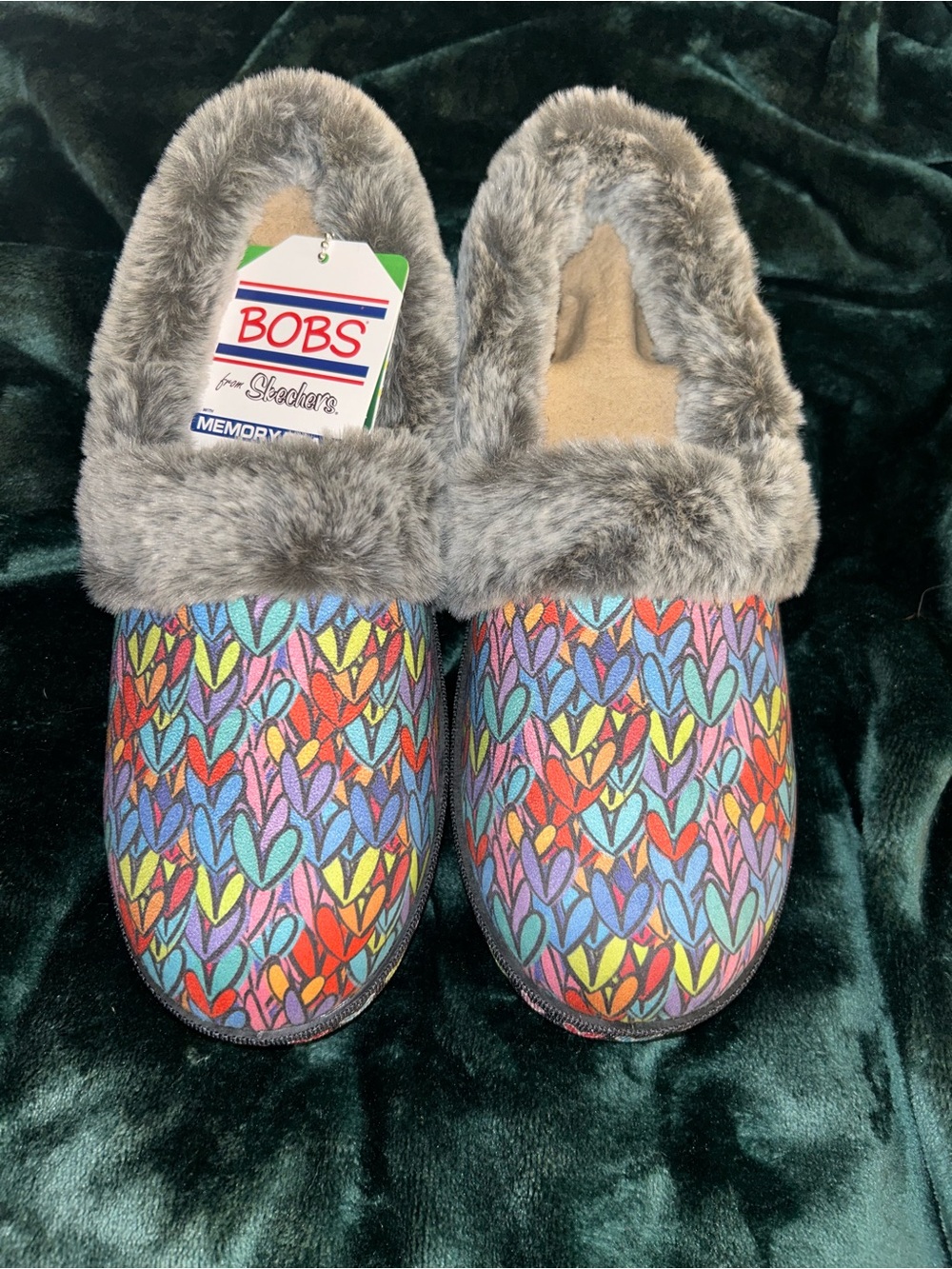Bobs Skechers Women's Gray Faux Fur Slip-On Slippers with Multicolor Heart Print